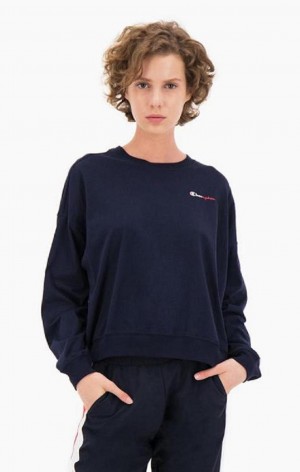 Champion Two Tone Logo Stripe Back Sweatshirt Női Pulóverek Sötétkék | 9875-NMSAP