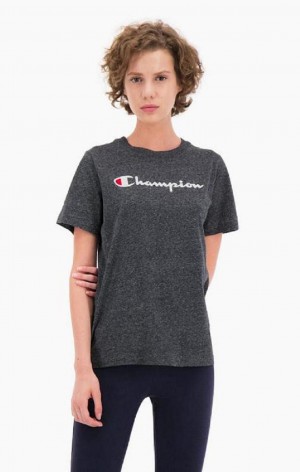 Champion Velvet Script Logo T-Shirt Női Póló Világos Szürke | 6539-YDPOZ