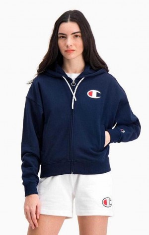 Champion Zip-Through C Logo Hoodie Női Kapucnis Pulóver Sötéttürkiz | 8961-IMWTJ