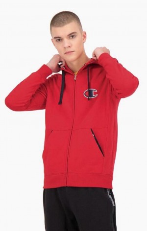 Champion Zip-Up Velúr C Pamut Terry Hoodie Férfi Kapucnis Pulóver Piros | 2804-BKMLR