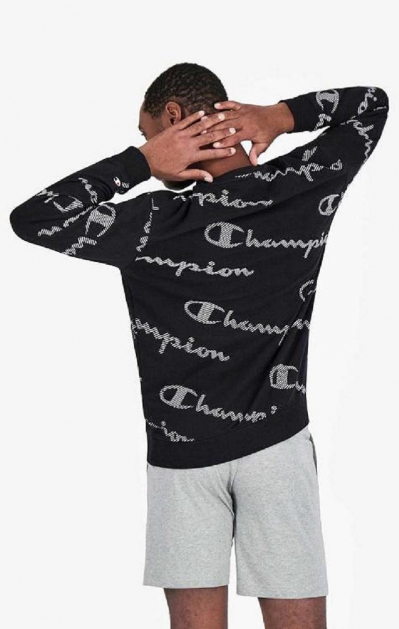 Champion All-Over Csíkos Effect Script Logo Print Sweatshirt Férfi Pulóverek Fekete | 2437-ZJQBN