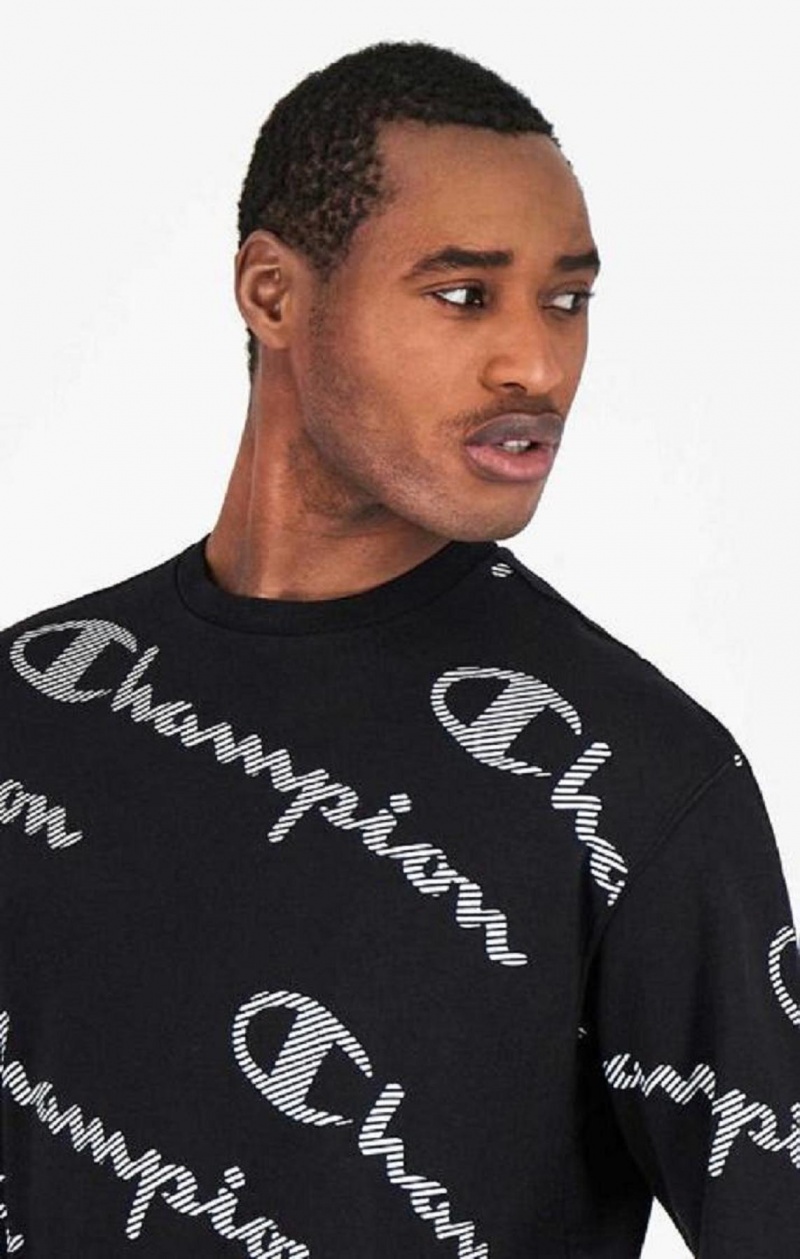 Champion All-Over Csíkos Effect Script Logo Print Sweatshirt Férfi Pulóverek Fekete | 2437-ZJQBN