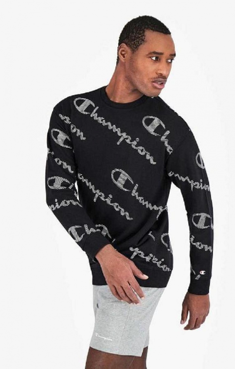 Champion All-Over Csíkos Effect Script Logo Print Sweatshirt Férfi Pulóverek Fekete | 2437-ZJQBN