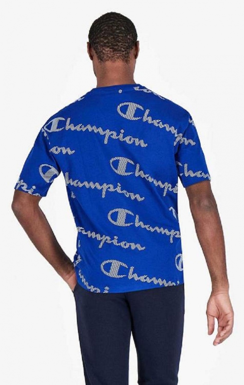 Champion All-Over Csíkos Effect Script Logo T-Shirt Férfi Póló Kék | 0825-EJMHB