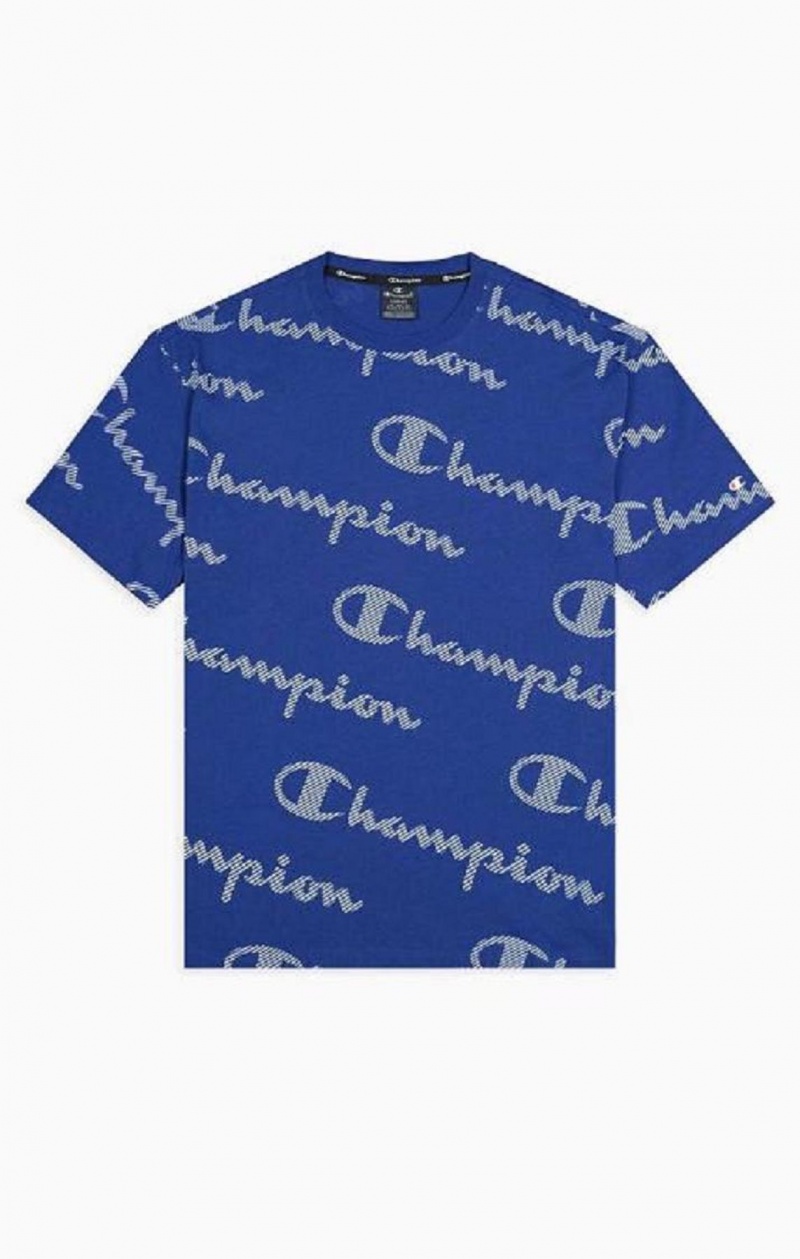 Champion All-Over Csíkos Effect Script Logo T-Shirt Férfi Póló Kék | 0825-EJMHB