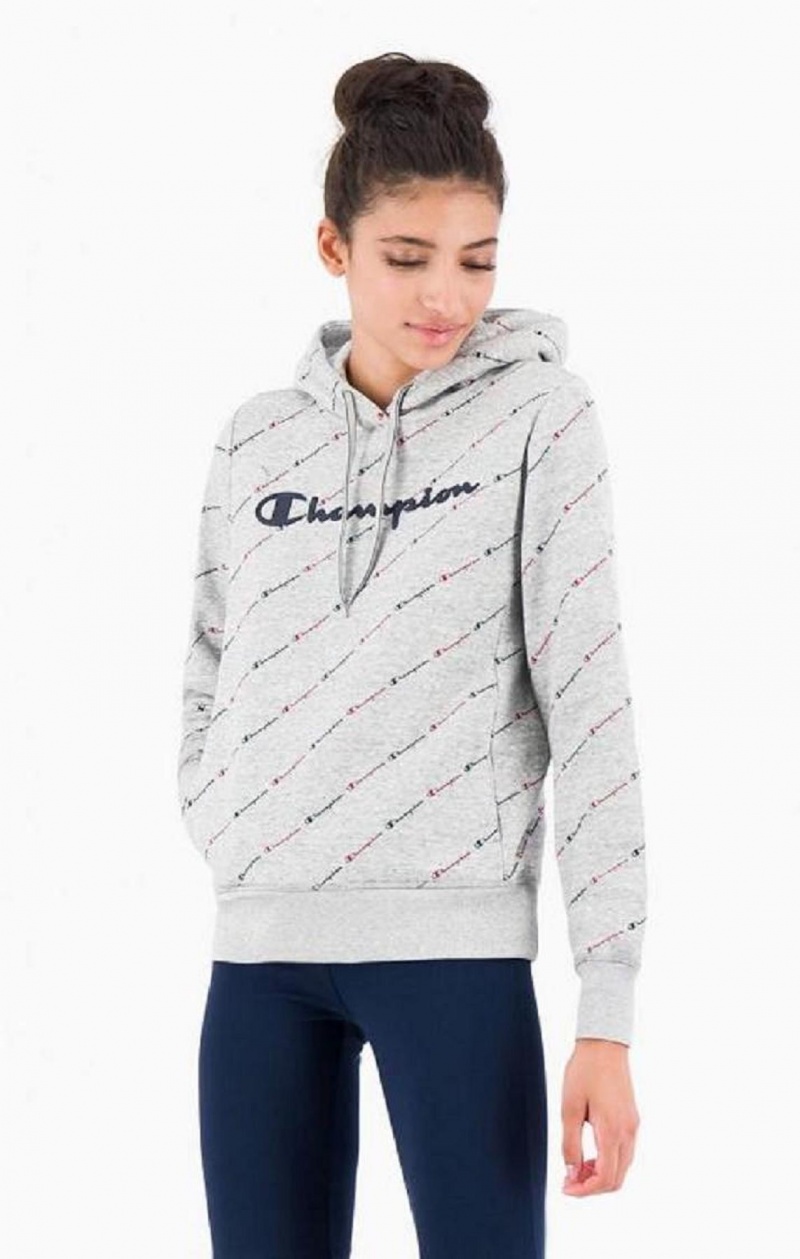 Champion All-Over Script Logo Hoodie Női Kapucnis Pulóver Világos Szürke | 5034-JRHYS