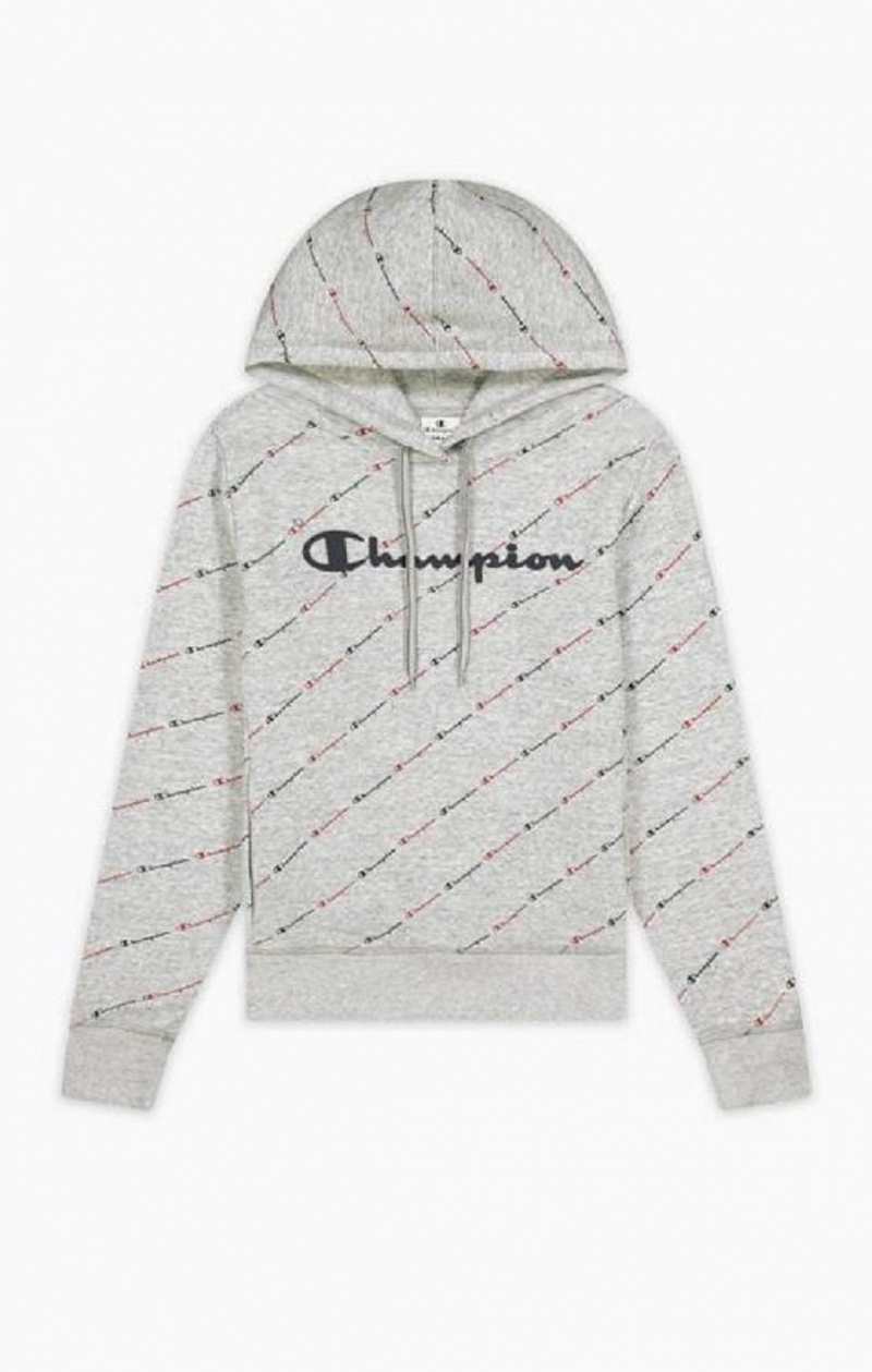 Champion All-Over Script Logo Hoodie Női Kapucnis Pulóver Világos Szürke | 5034-JRHYS