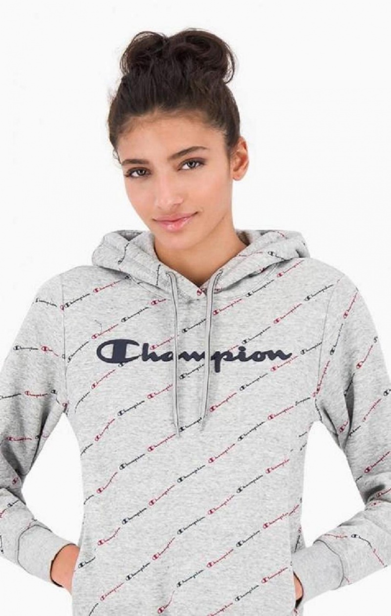 Champion All-Over Script Logo Hoodie Női Kapucnis Pulóver Világos Szürke | 5034-JRHYS