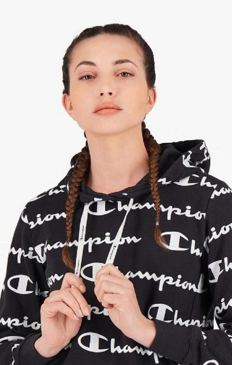 Champion All-Over Script Logo Hoodie Női Kapucnis Pulóver Fekete | 3194-ZFHJE