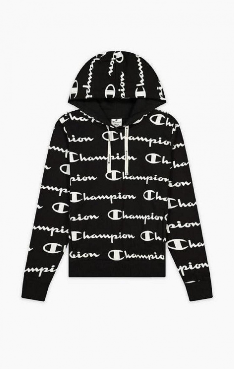 Champion All-Over Script Logo Hoodie Női Kapucnis Pulóver Fekete | 3194-ZFHJE