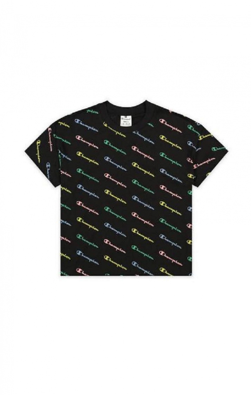 Champion All-Over Script Logo T-Shirt Női Póló Fekete | 7140-SODTQ