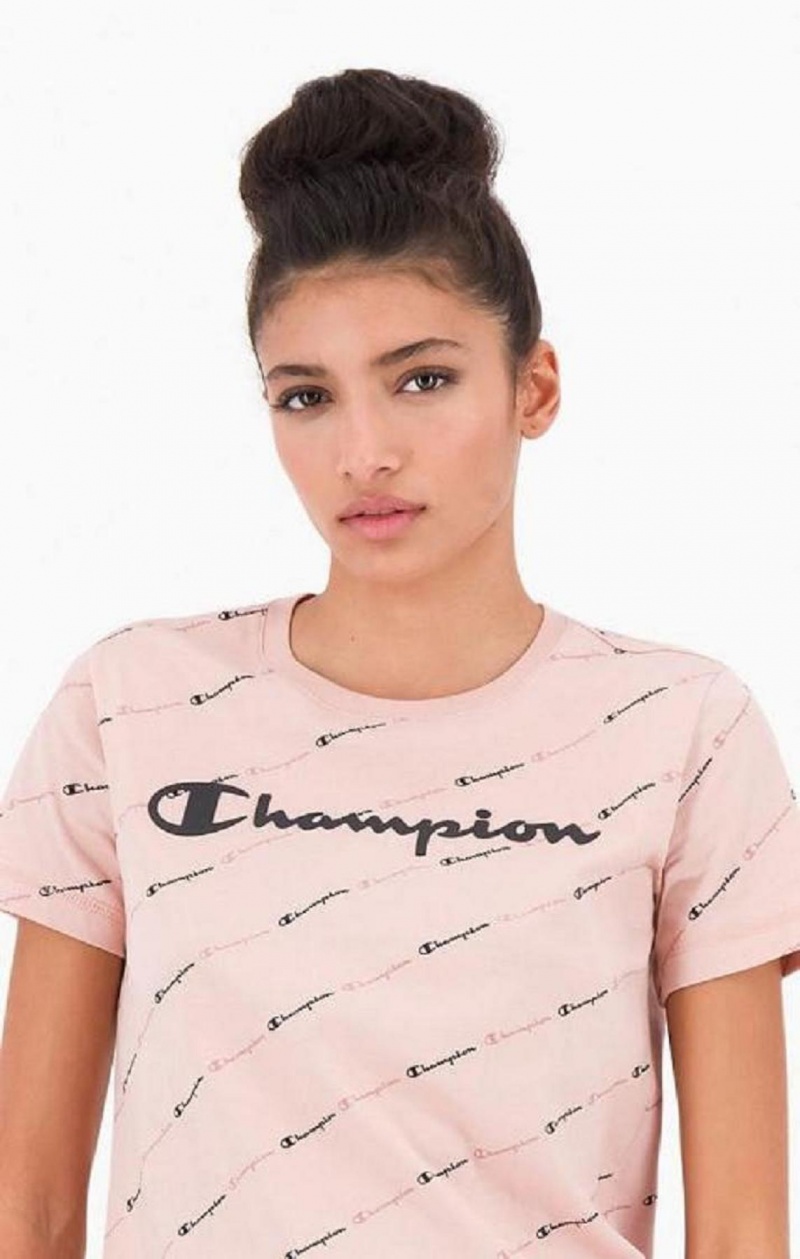 Champion All-Over Script Logo T-Shirt Női Póló Rózsaszín | 6293-MPLIY