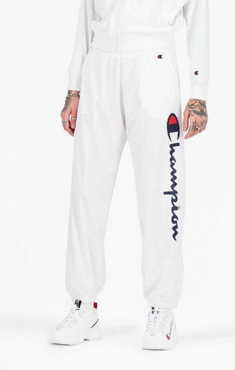 Champion All-over Script Logo Print Pálya Pants Női Jogger Nadrág Fehér | 6085-NJQEU