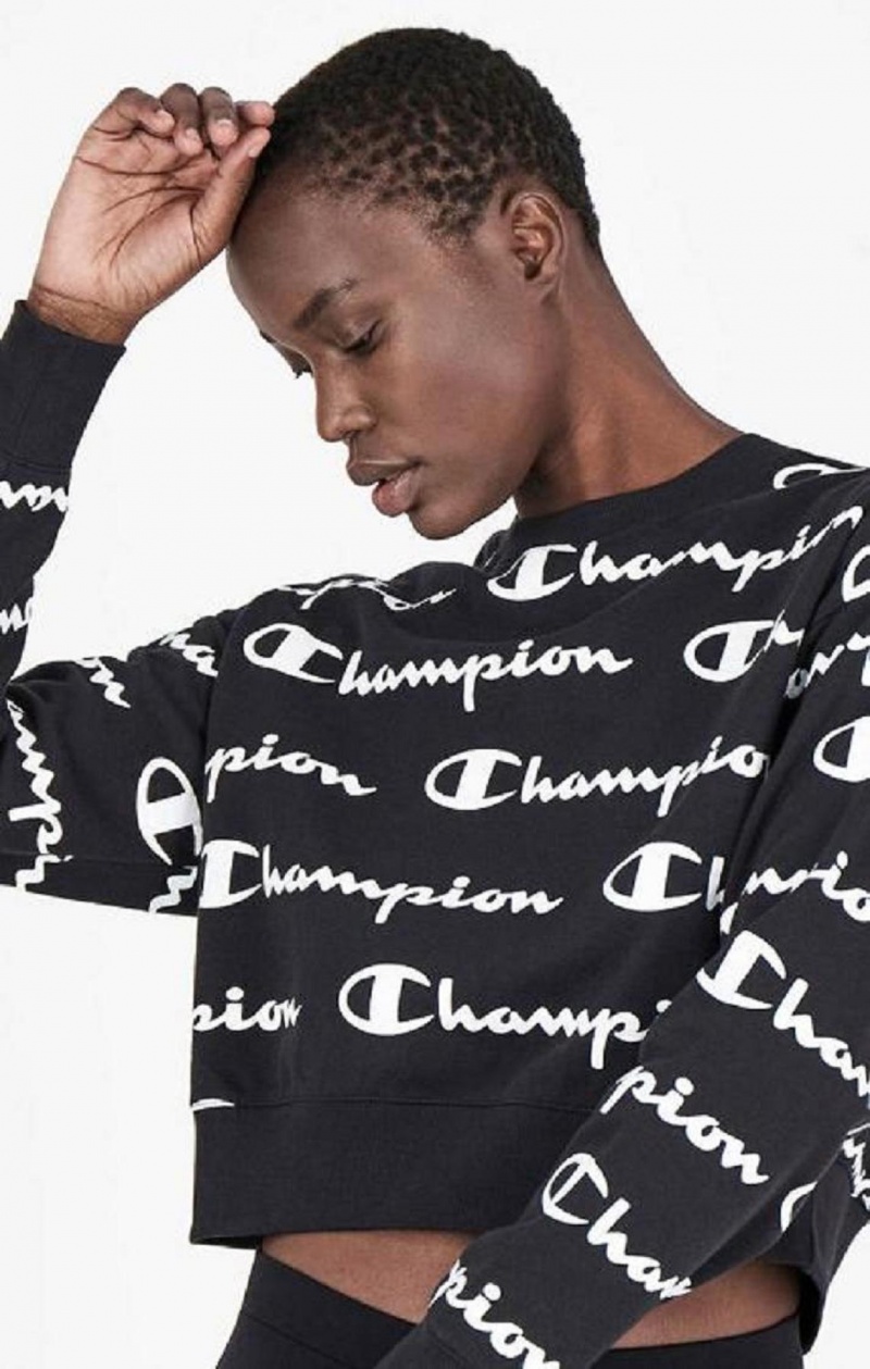 Champion All-over Script Logo Sweatshirt Női Pulóverek Fekete | 1375-VNIDC