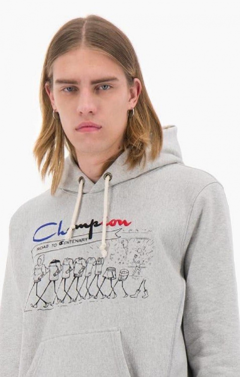 Champion Archive Centenary Print Reverse Weave Hoodie Férfi Kapucnis Pulóver Világos Szürke | 7830-GRKTW