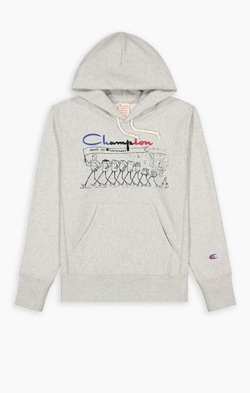 Champion Archive Centenary Print Reverse Weave Hoodie Férfi Kapucnis Pulóver Világos Szürke | 7830-GRKTW