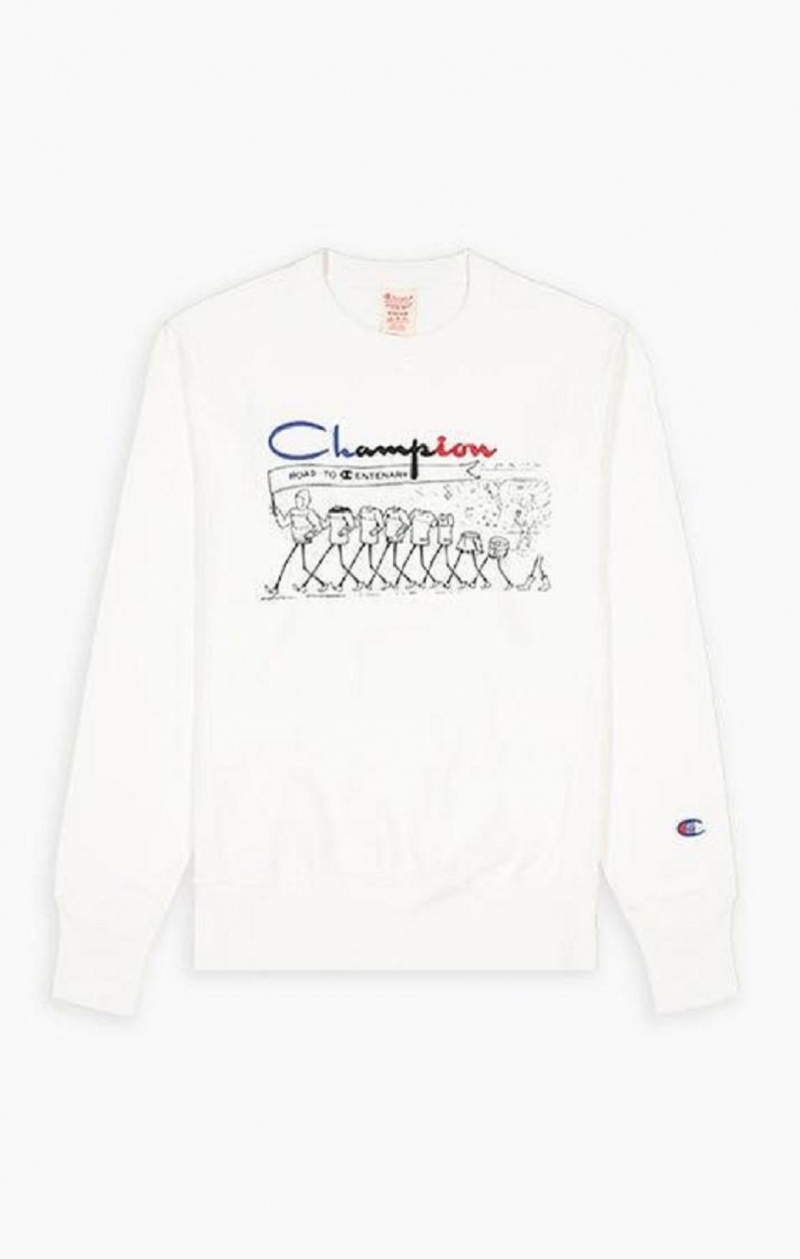 Champion Archive Print Reverse Weave Sweatshirt Férfi Pulóverek Fehér | 7021-PFRHX