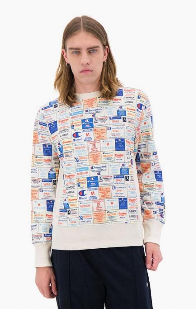 Champion Archive Print Reverse Weave Sweatshirt Férfi Pulóverek Fehér | 6302-VMRKG