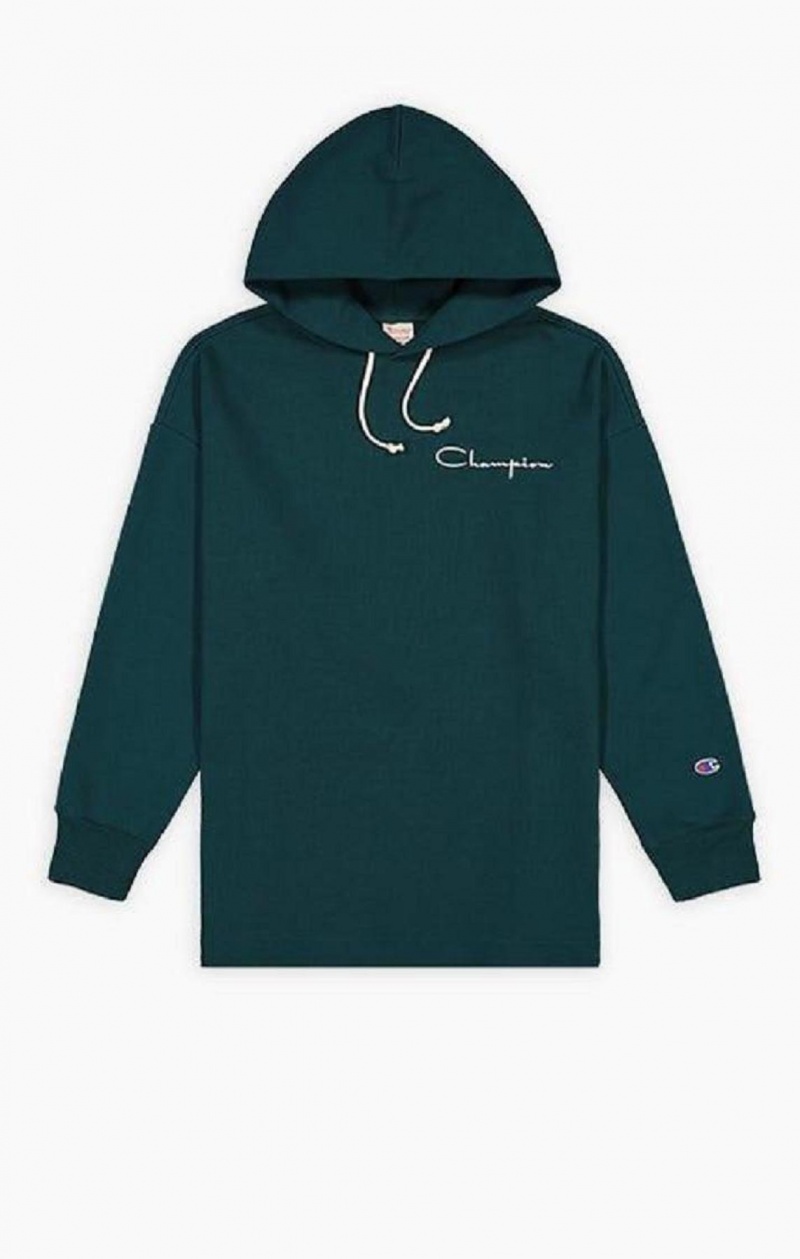 Champion Archive Script Logo Pamut Jersey Hoodie Férfi Kapucnis Pulóver Türkiz Kék | 0328-KFPAW