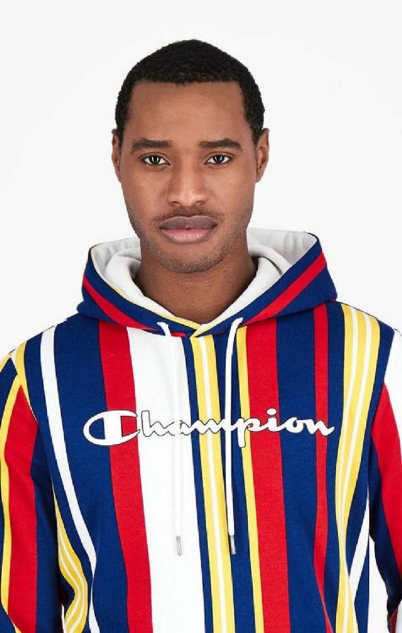 Champion Candy Stripe Script Logo Hoodie Férfi Kapucnis Pulóver Fehér Piros Kék | 9754-XJFGV