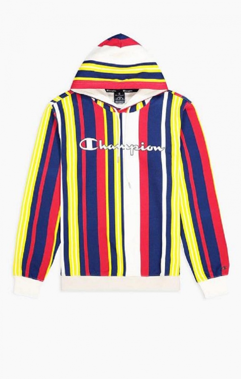 Champion Candy Stripe Script Logo Hoodie Férfi Kapucnis Pulóver Fehér Piros Kék | 9754-XJFGV