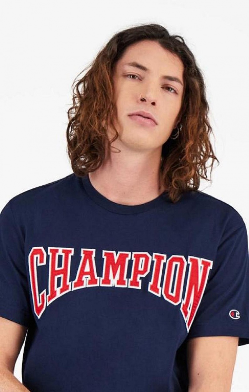 Champion Collegiate Logo T-Shirt Férfi Póló Sötéttürkiz | 4371-SVHUL