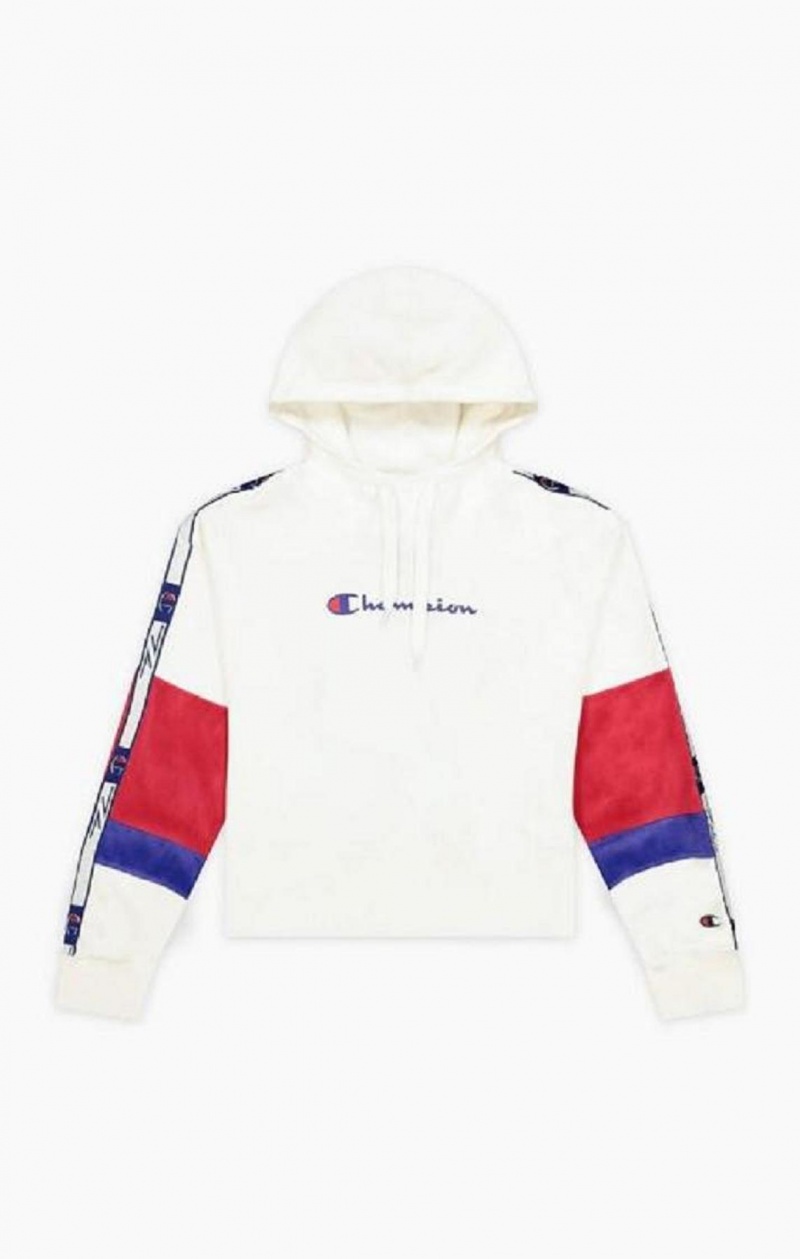 Champion Colour Block Jacquard Logo Tape Fleece Hoodie Női Kapucnis Pulóver Fehér | 6139-XHTDJ