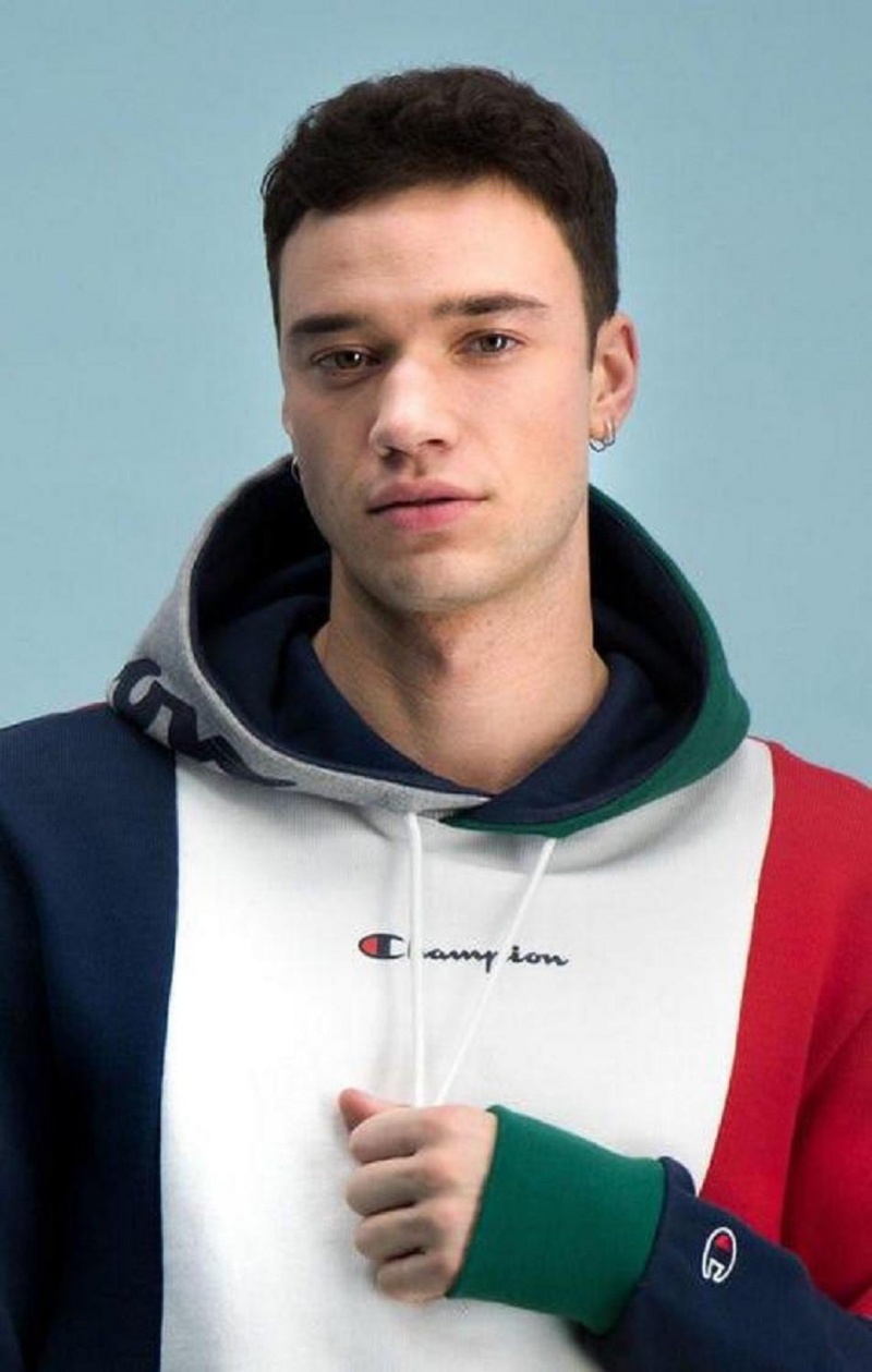 Champion Colour Block Patchwork Hoodie Férfi Kapucnis Pulóver Piros | 5248-QLKMI