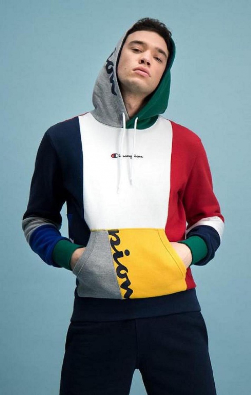 Champion Colour Block Patchwork Hoodie Férfi Kapucnis Pulóver Piros | 5248-QLKMI