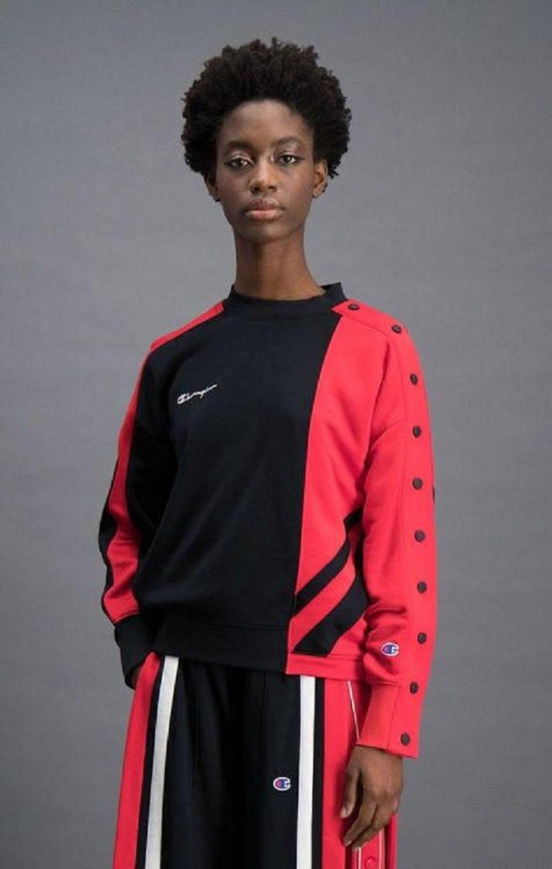 Champion Colour Block Popper Cropped Sweatshirt Női Pulóverek Fekete Piros | 3815-WRLIV