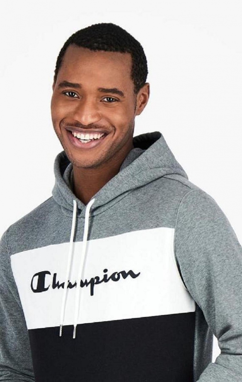 Champion Colour Block Script Logo Hoodie Férfi Kapucnis Pulóver Sötétszürke | 8206-BWHNL