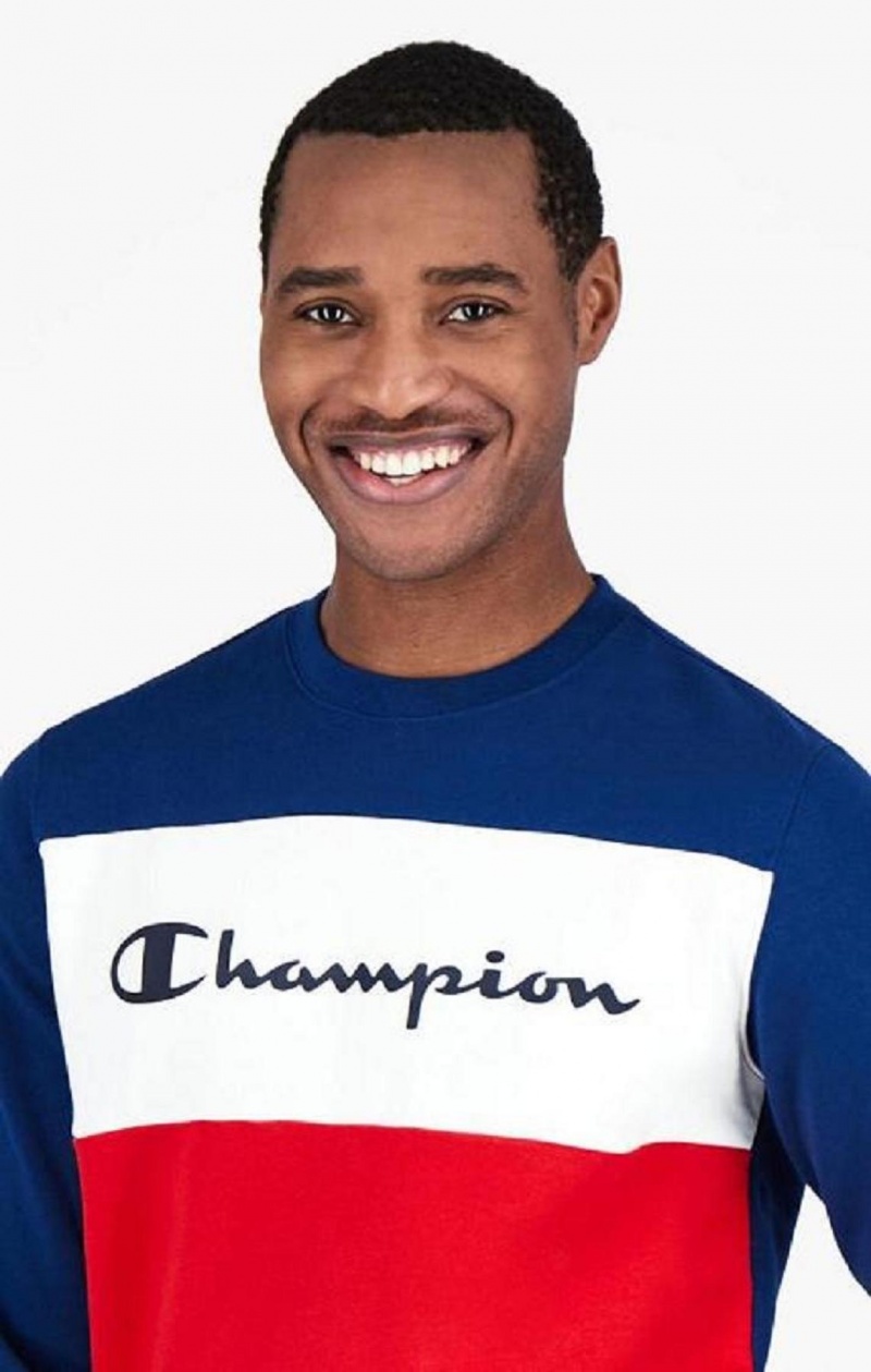 Champion Colour Block Script Logo Sweatshirt Férfi Pulóverek Kék | 8953-IBUSK