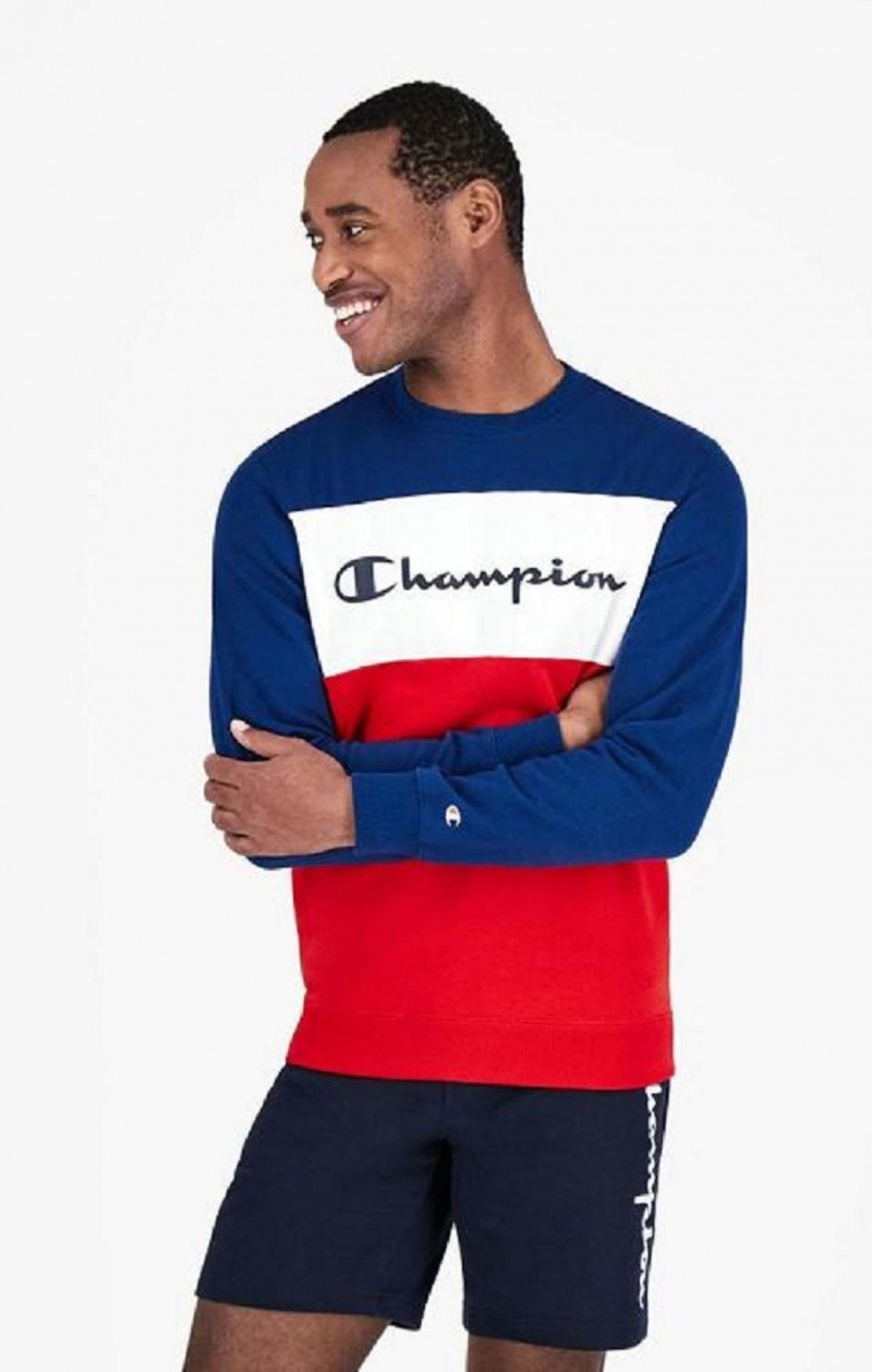 Champion Colour Block Script Logo Sweatshirt Férfi Pulóverek Kék | 8953-IBUSK