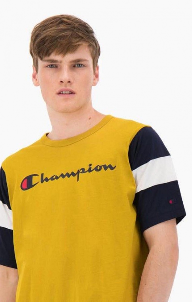 Champion Colour Block Script Logo T-Shirt Férfi Póló Arany | 3810-LHUWZ