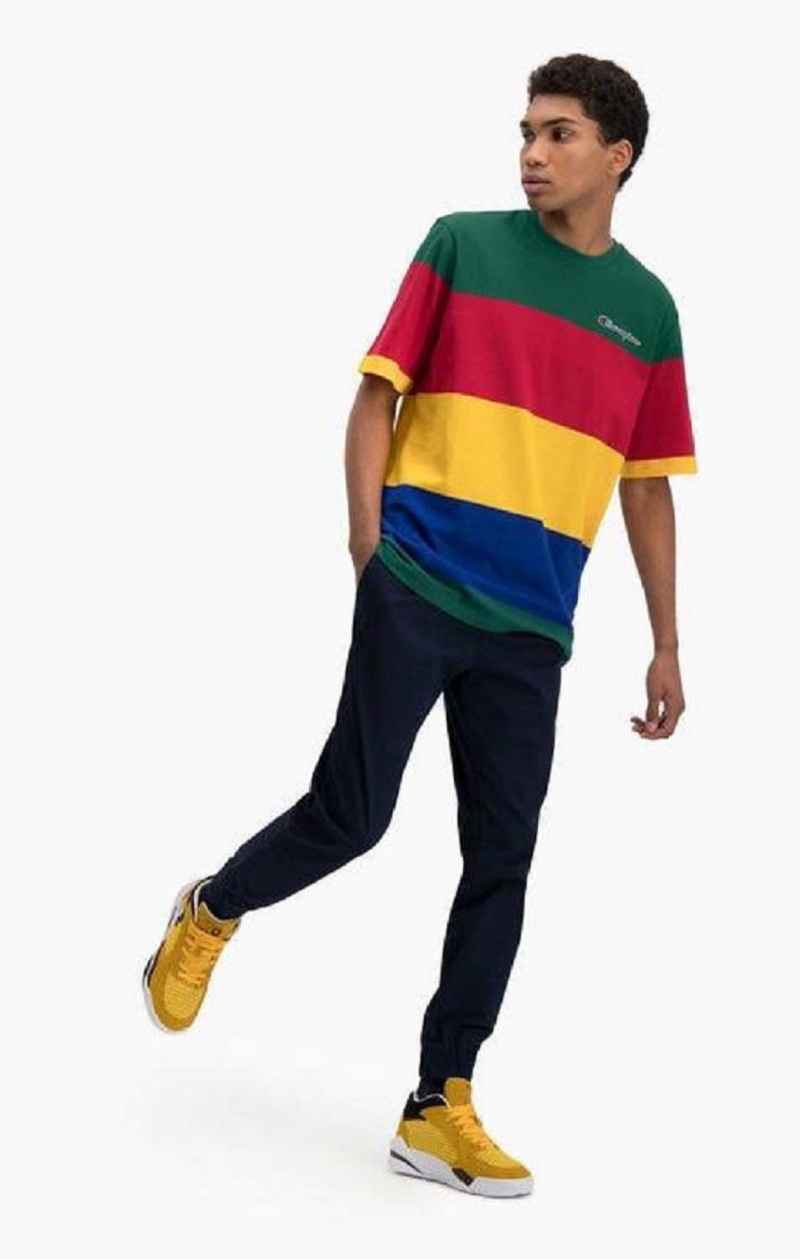 Champion Colour Block Stripe T-Shirt Férfi Póló Zöld Piros Sárga | 0562-KFQYO