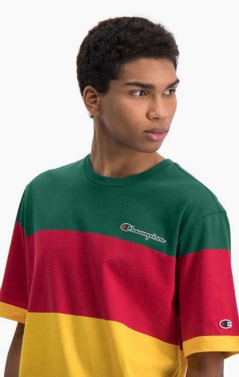 Champion Colour Block Stripe T-Shirt Férfi Póló Zöld Piros Sárga | 0562-KFQYO