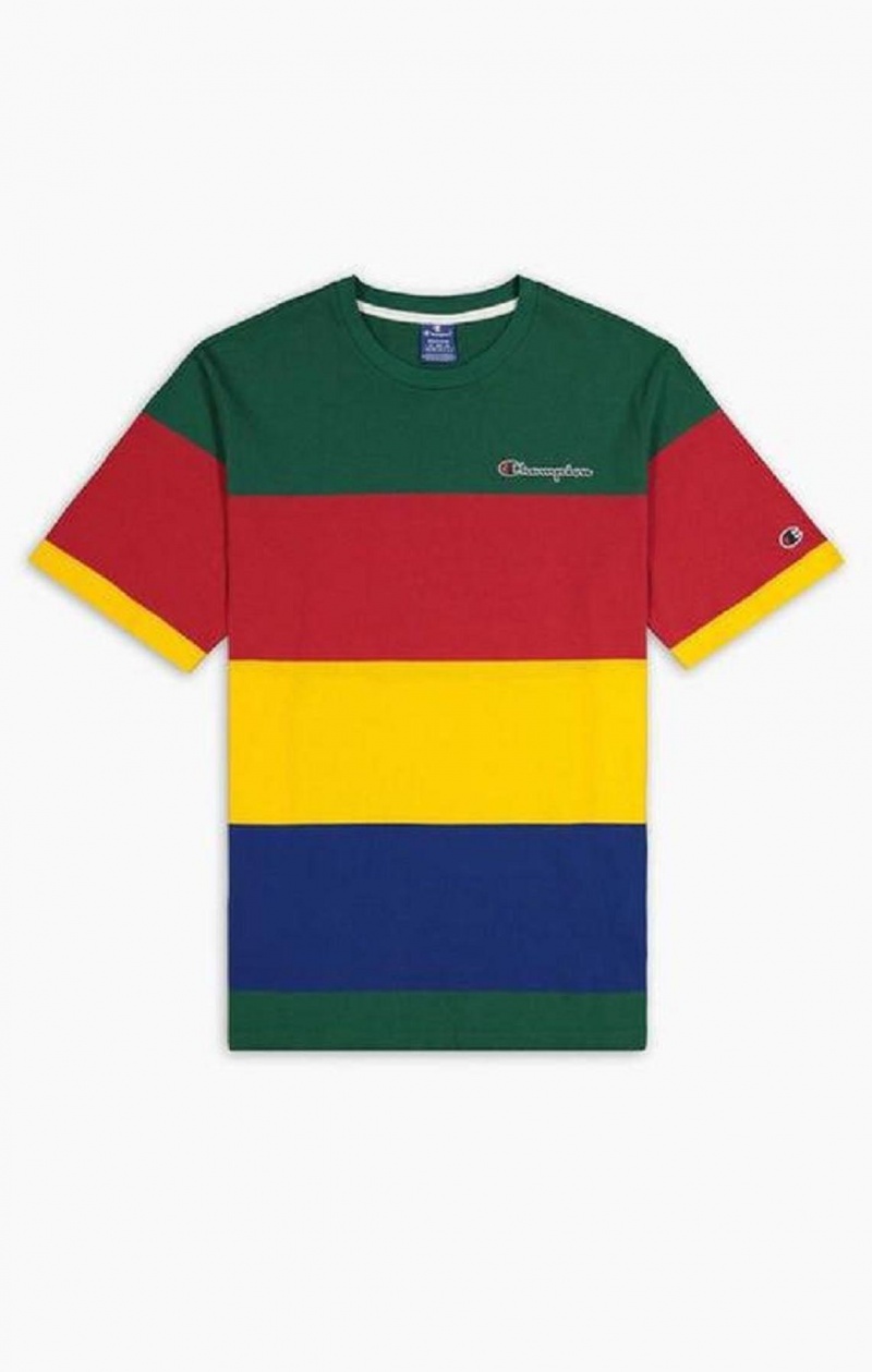 Champion Colour Block Stripe T-Shirt Férfi Póló Zöld Piros Sárga | 0562-KFQYO