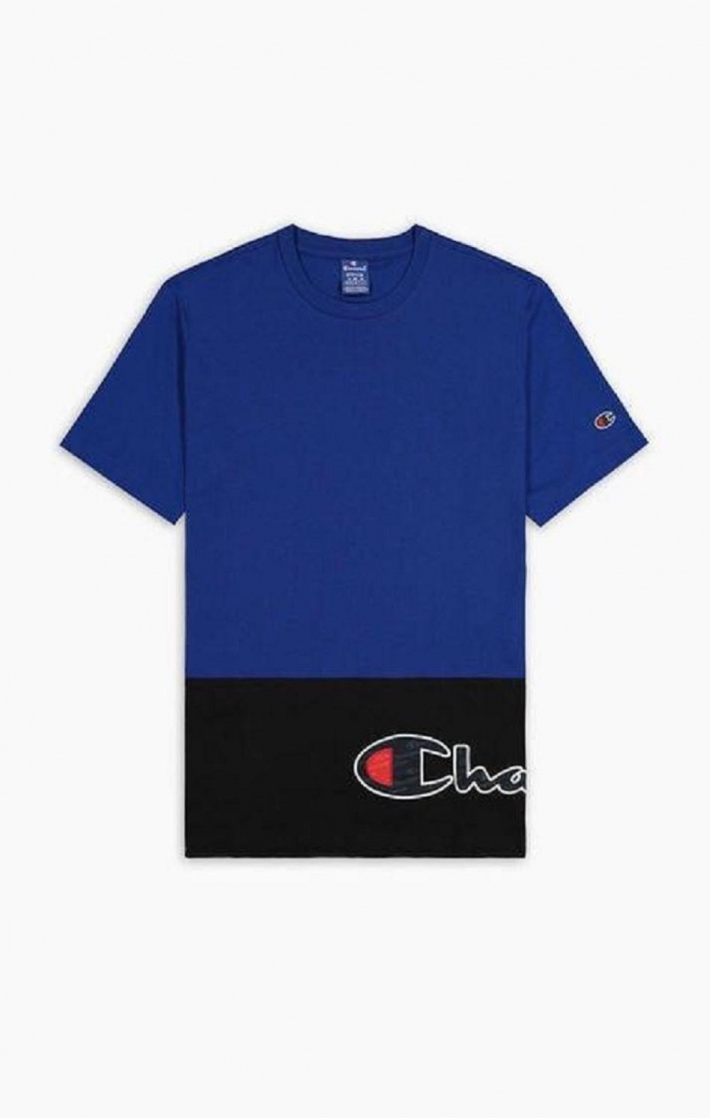 Champion Colour Block Wraparound Logo T-Shirt Férfi Póló Kék | 0745-WBHQM