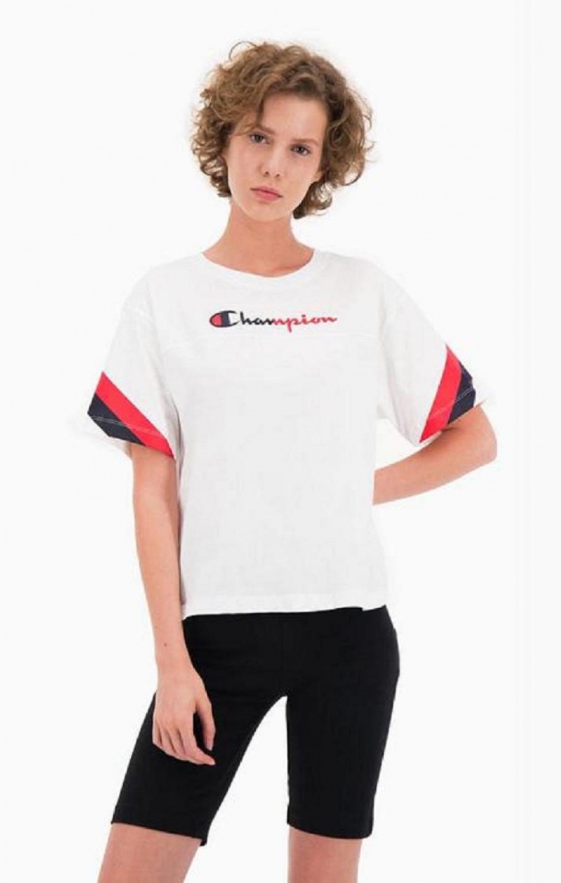 Champion Contrast Logo Stripe Jersey Top Női Póló Fehér | 6271-MYKXL