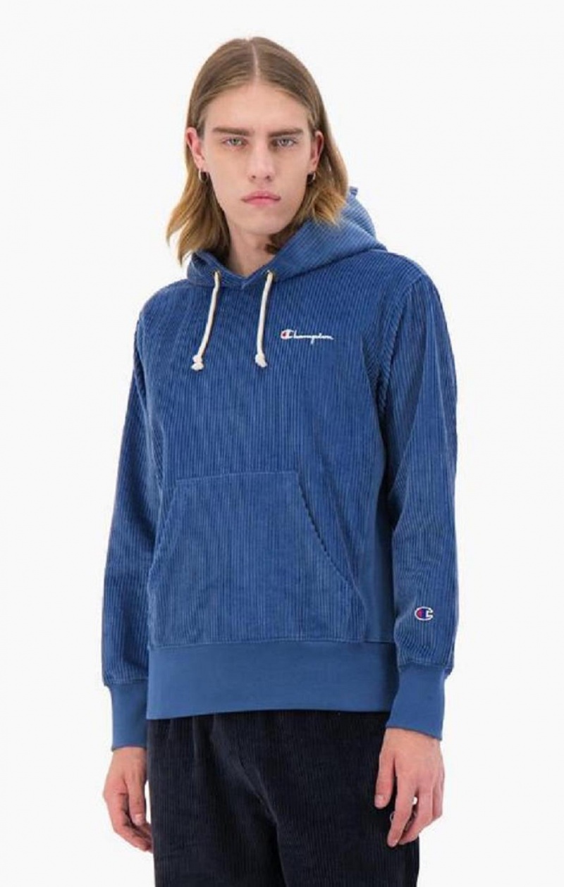 Champion Corduroy Small Script Logo Hoodie Férfi Kapucnis Pulóver Türkiz Kék | 2608-FBPCU