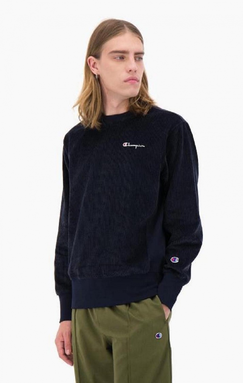 Champion Corduroy Small Script Logo Sweatshirt Férfi Pulóverek Sötétkék | 6982-OPVKA