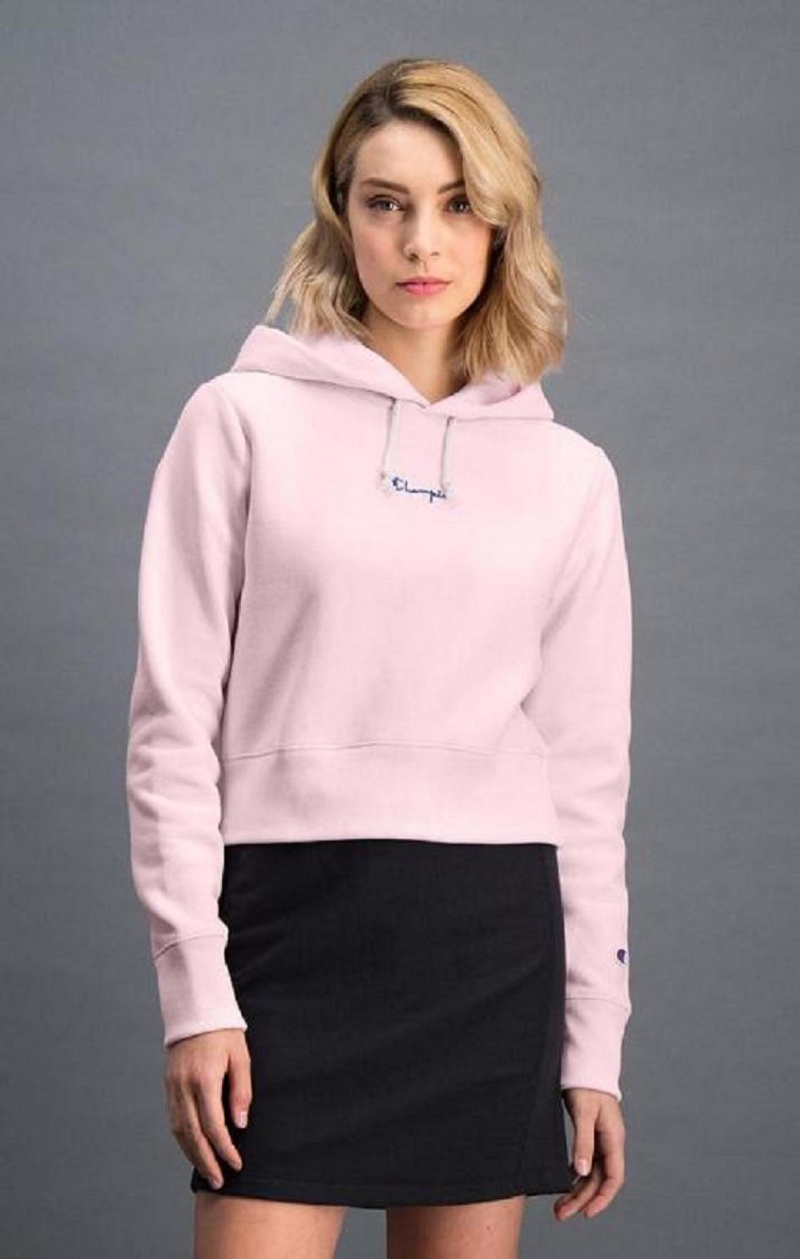 Champion Cropped Reverse Weave Script Logo Hoodie Női Kapucnis Pulóver Rózsaszín | 7084-HDSAV