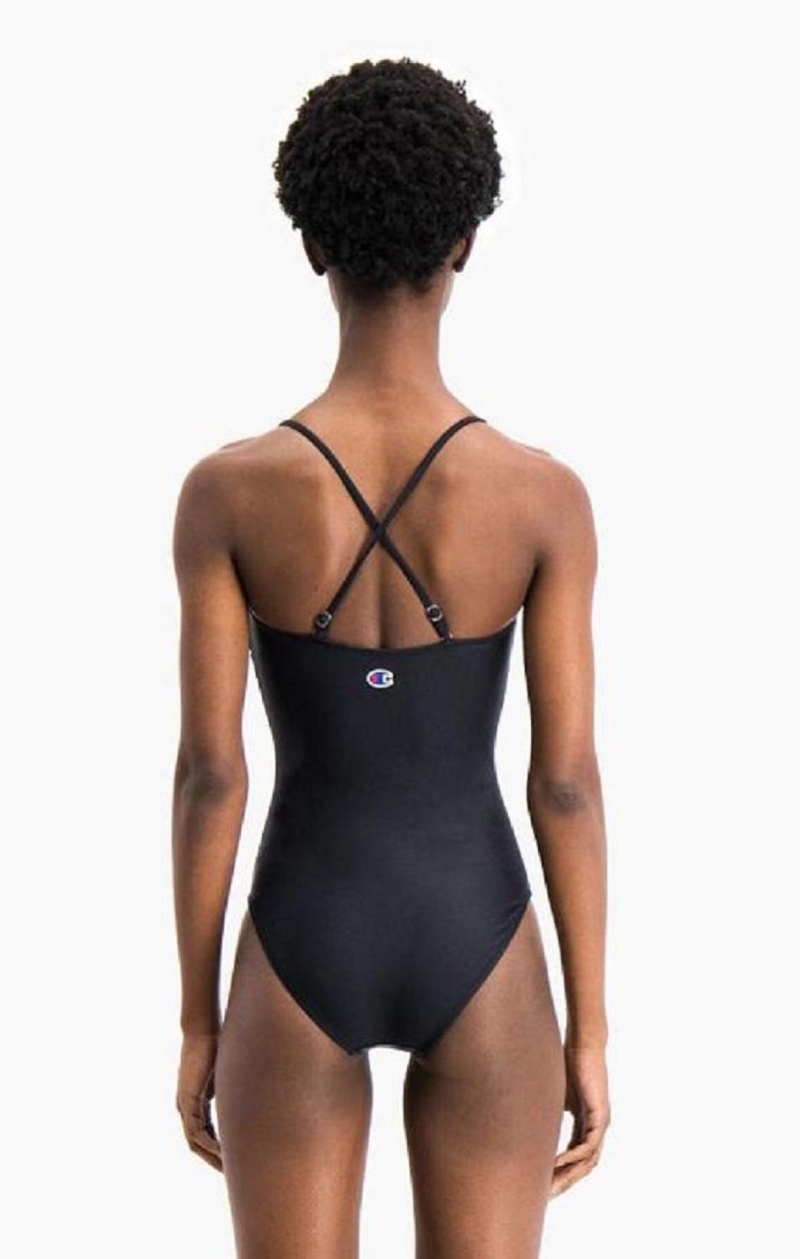 Champion Cross Back Large Script Logo Swimsuit Női Fürdőruha Fekete | 5241-BKWLM