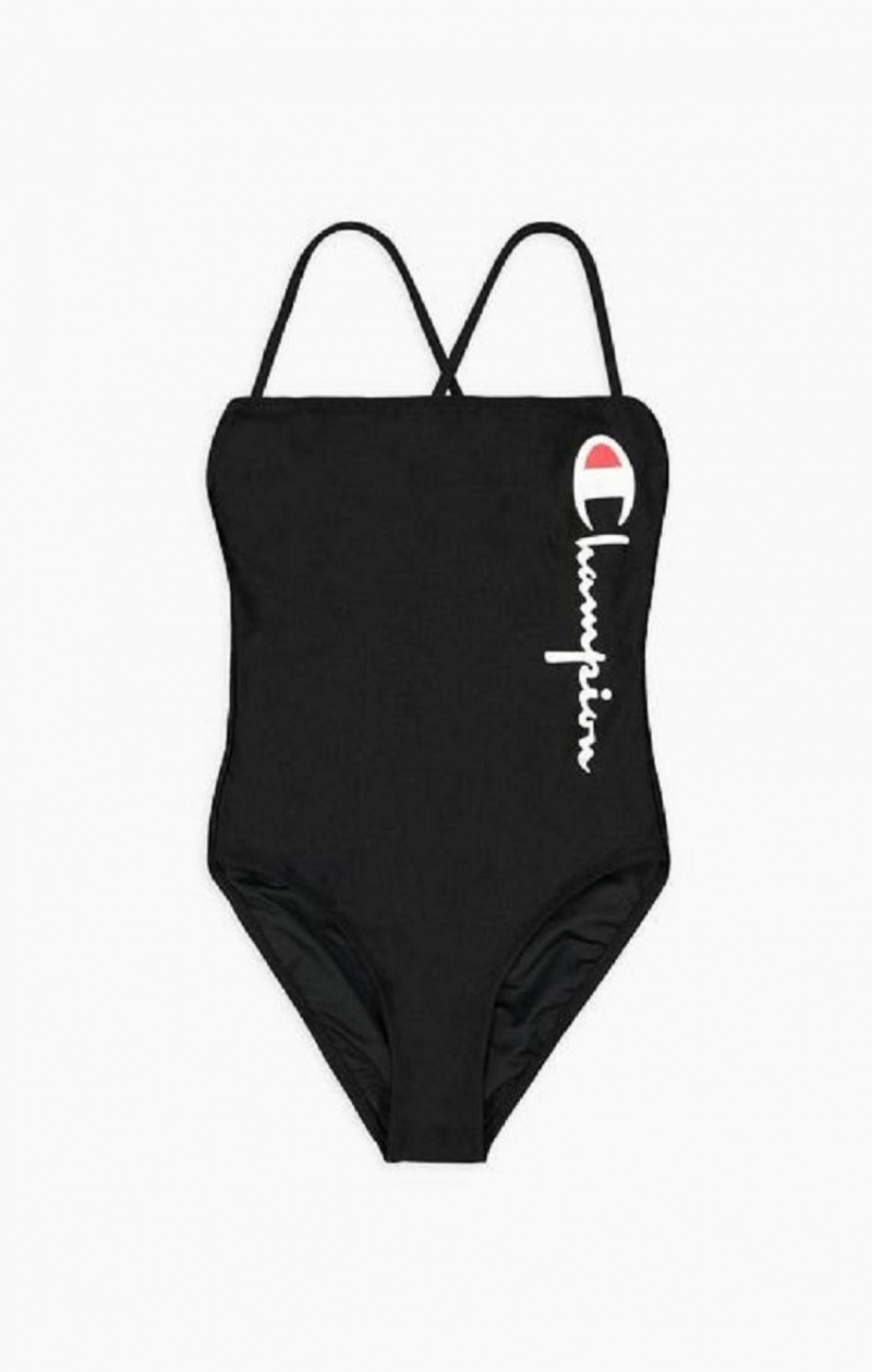 Champion Cross Back Large Script Logo Swimsuit Női Fürdőruha Fekete | 5241-BKWLM