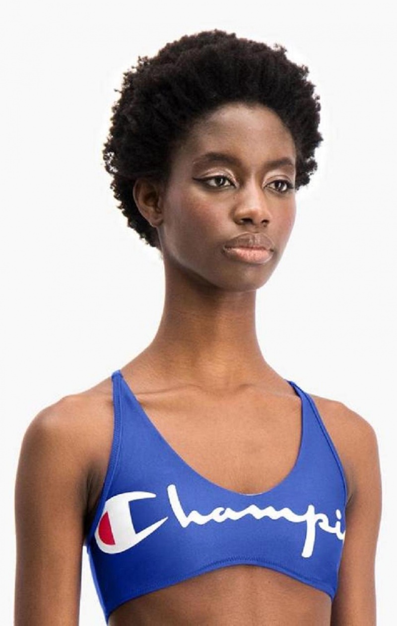 Champion Cross Back V Neck Script Logo Bikini Top Női Fürdőruha Kék | 9461-GZFVW