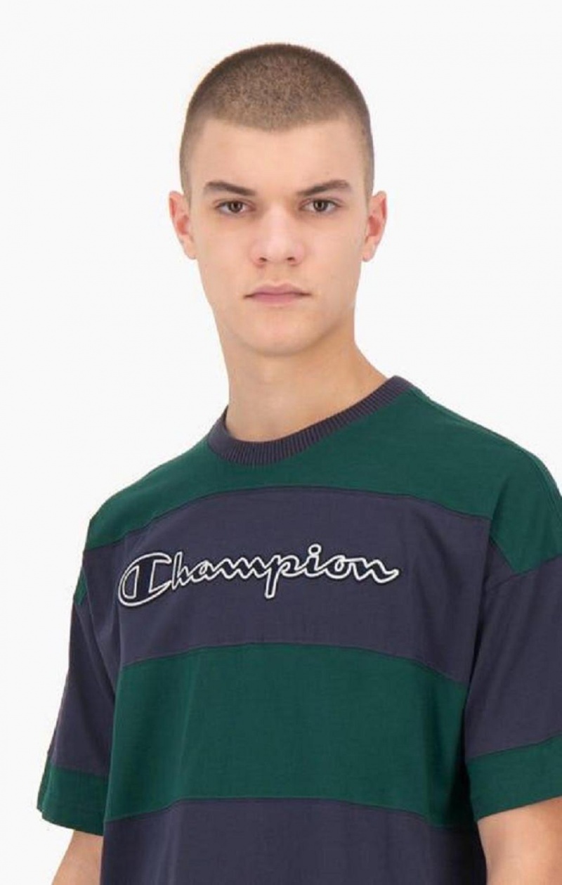 Champion Csíkos Script Logo T-Shirt Férfi Póló Zöld | 4108-PNGXC