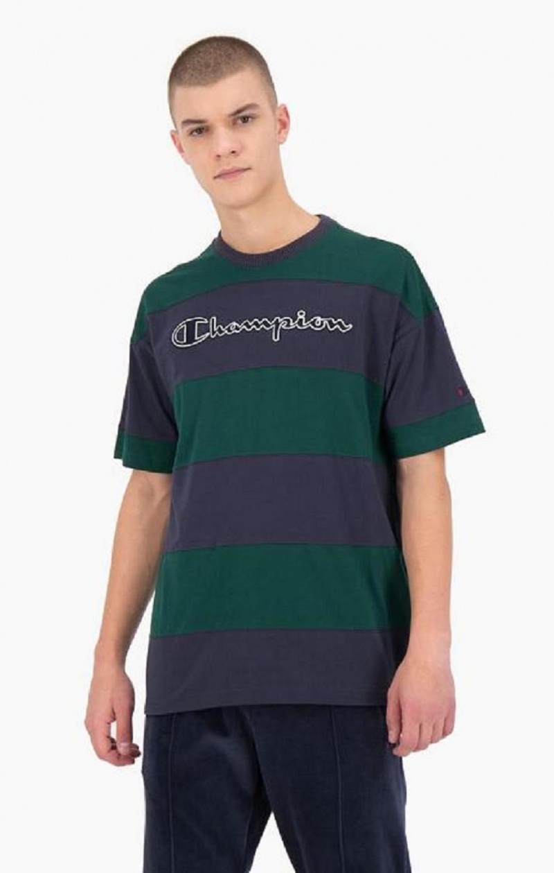 Champion Csíkos Script Logo T-Shirt Férfi Póló Zöld | 4108-PNGXC