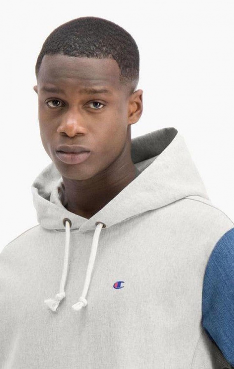 Champion Denim Sleeve Reverse Weave Hoodie Férfi Kapucnis Pulóver Világos Szürke | 7365-SQHET