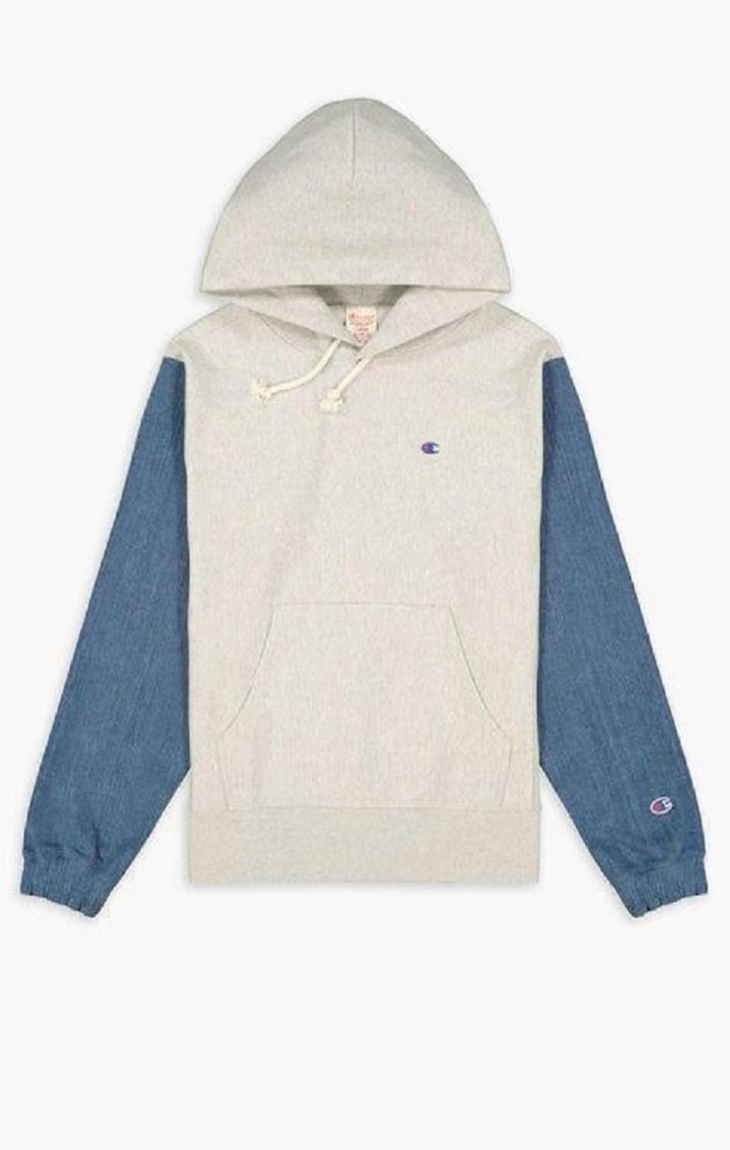 Champion Denim Sleeve Reverse Weave Hoodie Férfi Kapucnis Pulóver Világos Szürke | 7365-SQHET