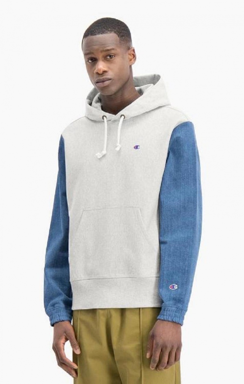 Champion Denim Sleeve Reverse Weave Hoodie Férfi Kapucnis Pulóver Világos Szürke | 7365-SQHET